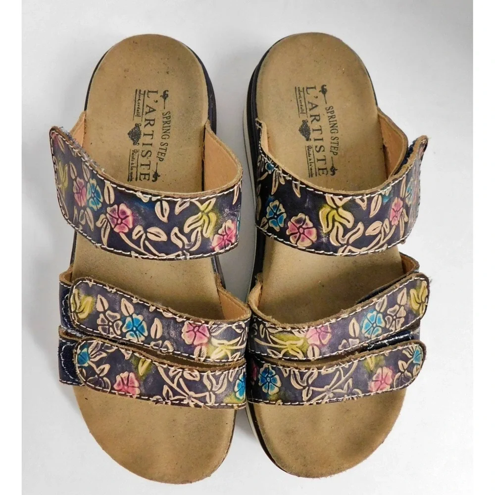 L'Artiste by Spring Step Dearest Black Floral Leather Strap Platform Slide sz 35